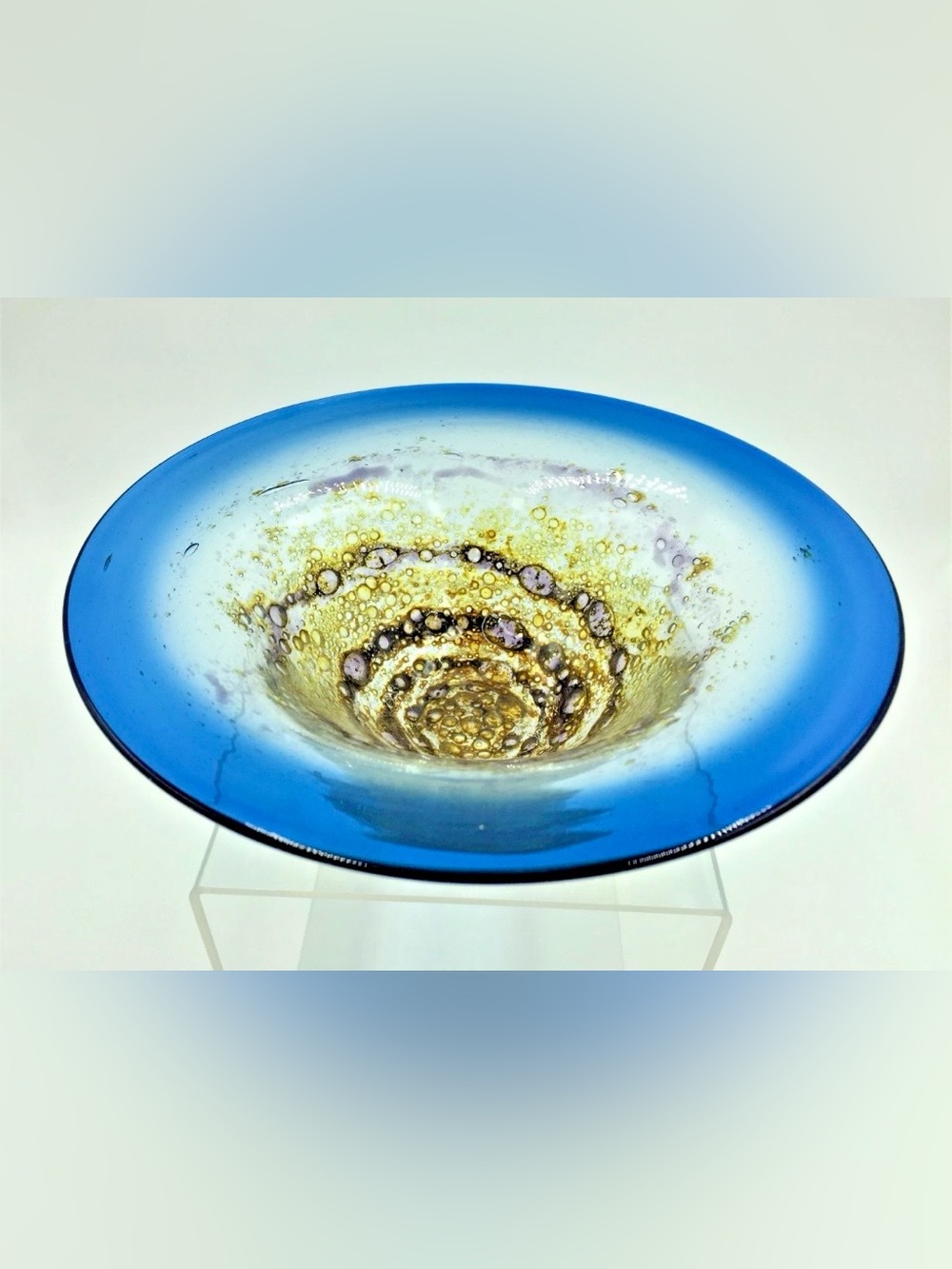 MCM Murano Bullicante Hand Crafted Spun Blue Swirled Art Glass Centerpiece Bowl